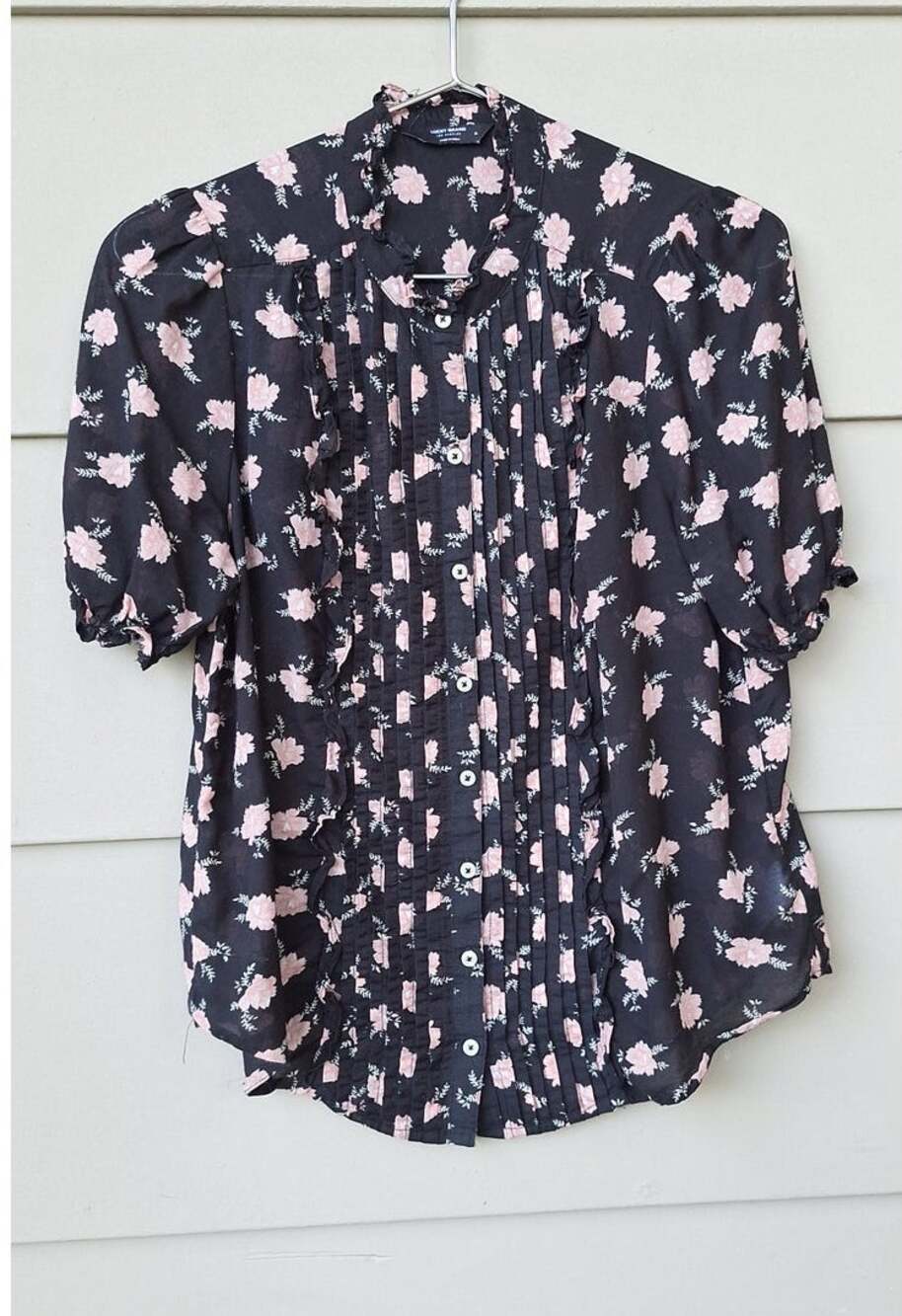 Lucky Brand Womens Pleated Ruffles Puff Sleeves Shirt Blouse Black Pink Floral M